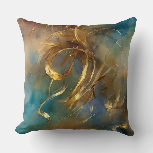 Gold lines teal blue colourful abstract modern cushion (Front)