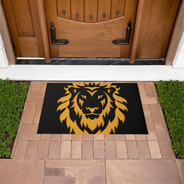 Gold Lion Big Graphic on Black Doormat (Outdoor)