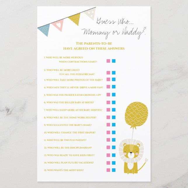 Gold Lion Guess Who Mummy / Daddy Baby Shower Game (Front)