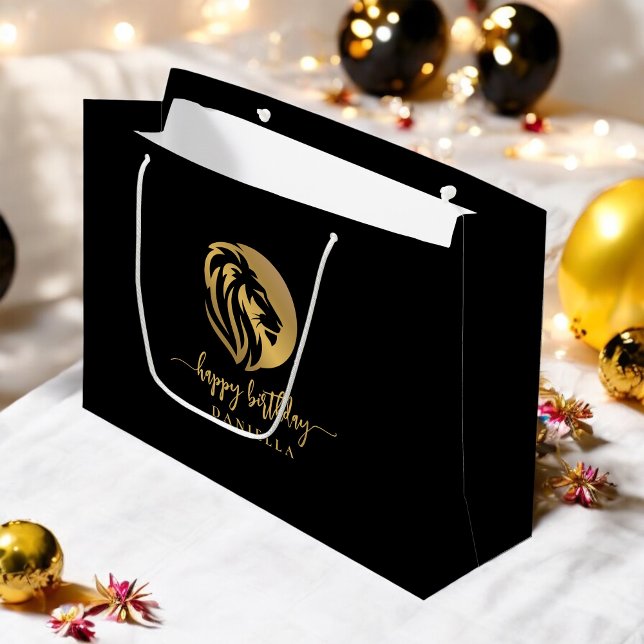 Gold Lion Leo Happy Birthday with Name Large Gift Bag (Personalize with the name of the birthday celebrant.)