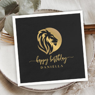 Gold Lion Leo Happy Birthday with Name Napkin