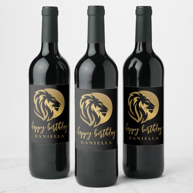 Gold Lion Leo Happy Birthday with Name Wine Label (Bottles)
