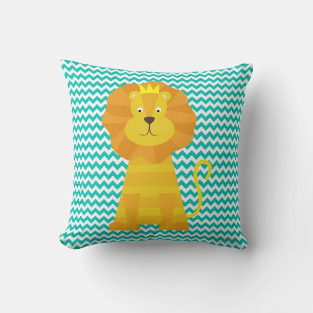 Gold Lion on Aqua Blue and White Chevron Stripe Cushion (Front)