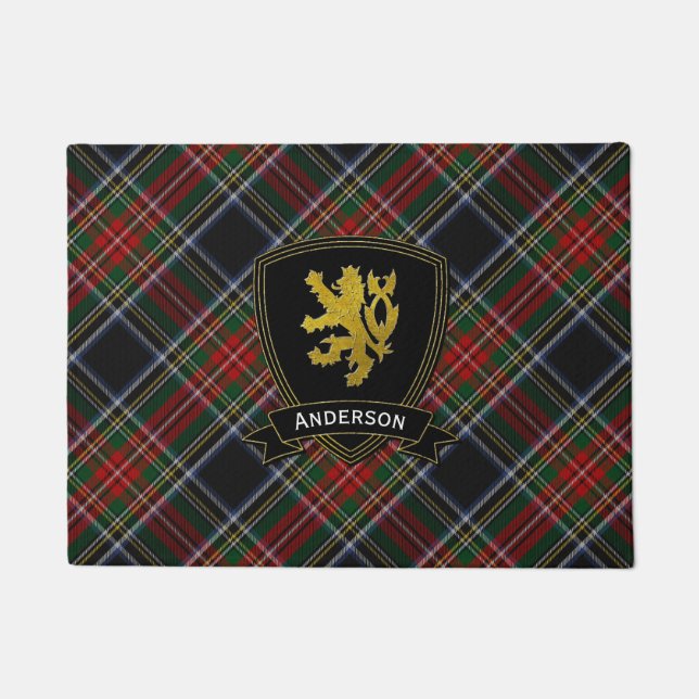 Gold Lion Rampant Tartan Pattern Doormat (Front)