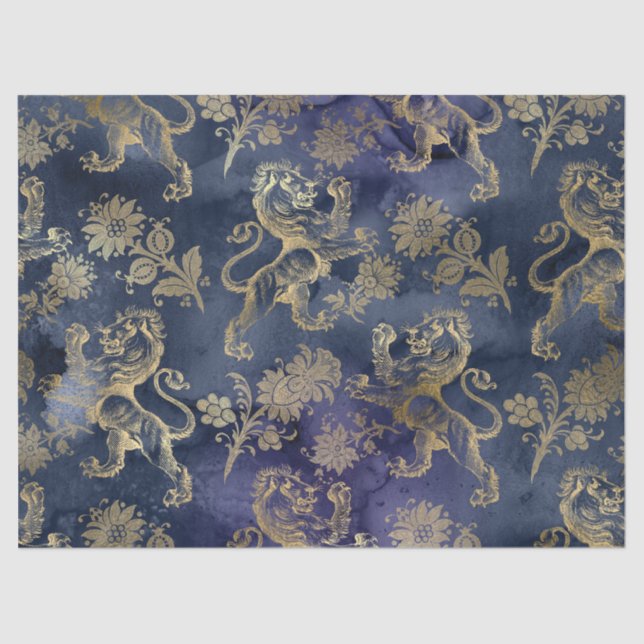 Gold Lions and Flowers on Purple Decoupage Tissue Paper (Front)