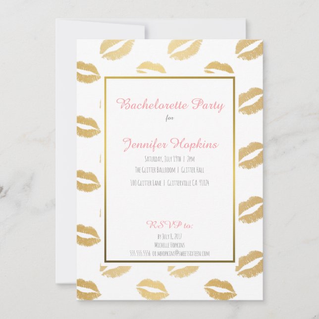 Gold Lips Bachelorette Party Invitations (Front)