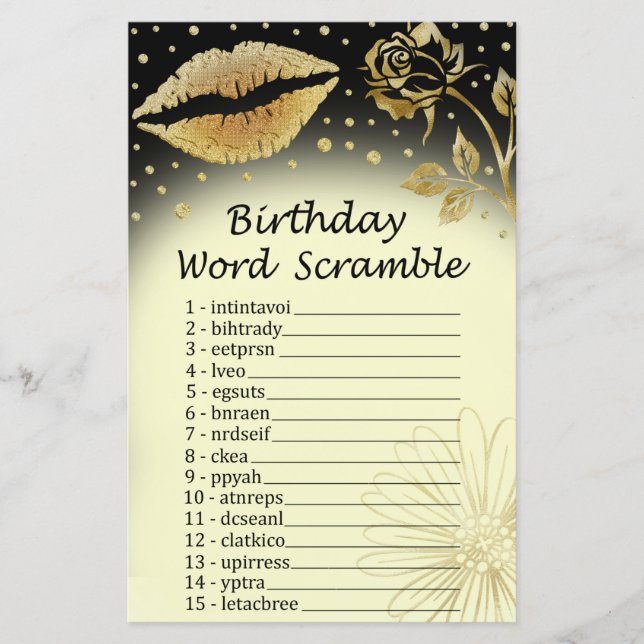 Gold Lips Birthday Word Scramble Game (Front)