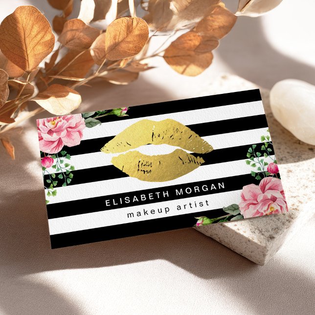 Gold Lips Floral Black White Stripes Makeup Artist Business Card (Creator Uploaded)