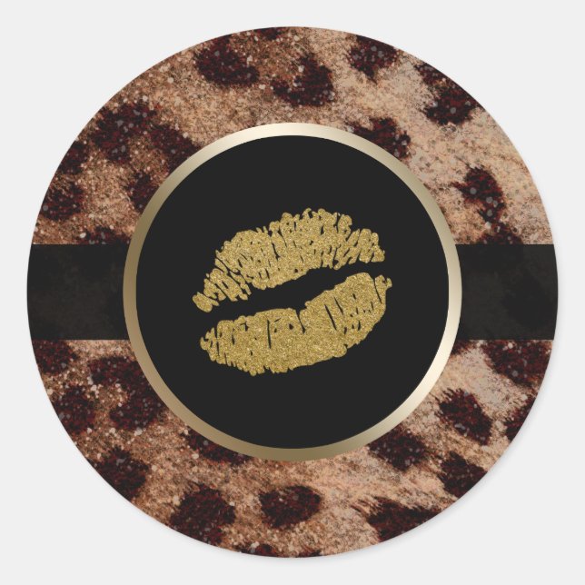 Gold Lips Glitter Sparkle Sparkly Cheetah Leopard Classic Round Sticker (Front)
