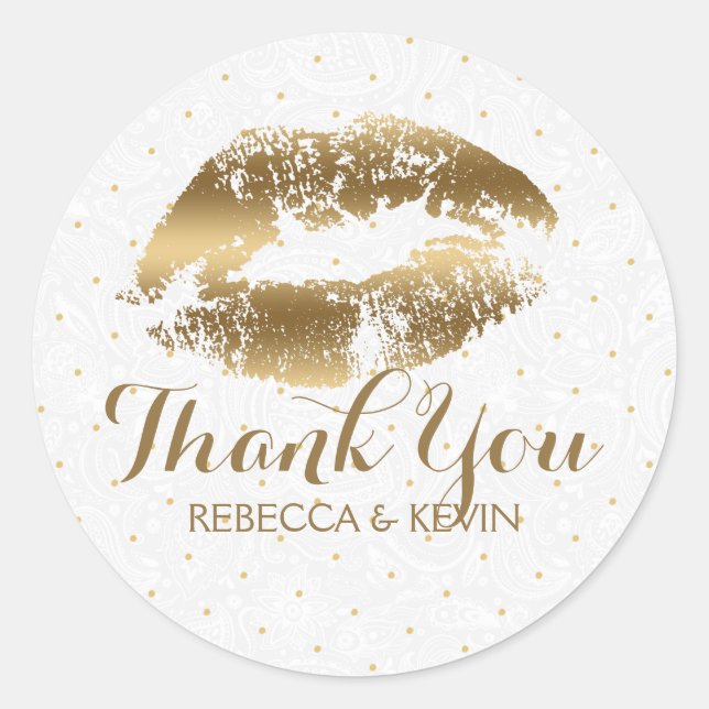 Gold Lips Kiss & Gold Dots Thank You Classic Round Sticker (Front)