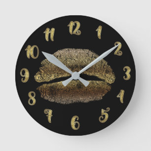 Gold Lips Lipstick Kiss Glamour Glam Chic Round Clock