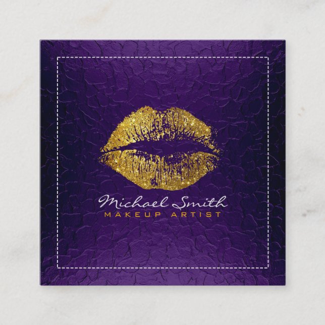 Gold Lips Makeup Artist Modern Purple Metal Square Business Card (Front)