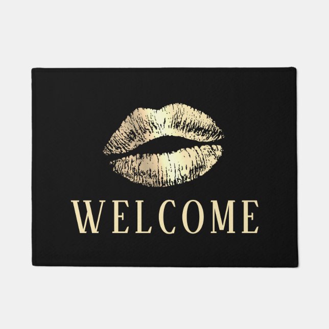 Gold Lips Print Beauty Salon Spa Welcome Doormat (Front)