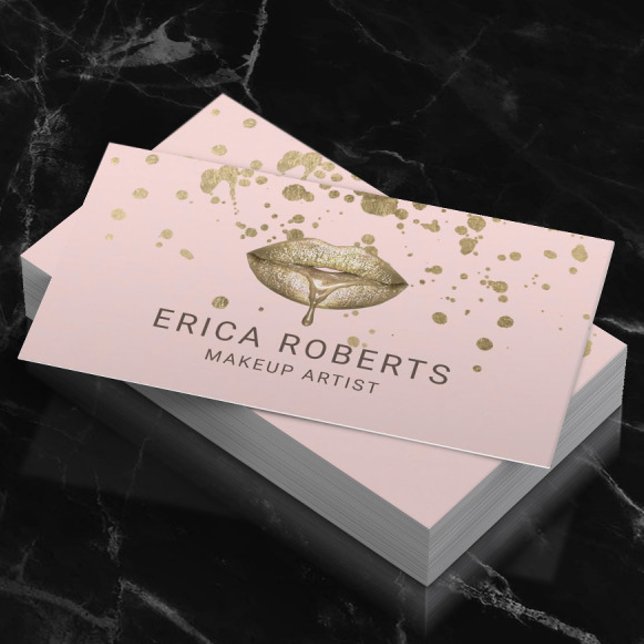 Gold Lipstick Splatter Blush Pink Makeup Artist Business Card (Creator Uploaded)