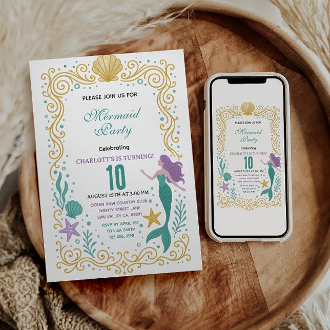 Gold Little Mermaid 10th Birthday  Under the sea  Invitation (Creator Uploaded)