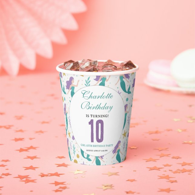 Gold Little Mermaid 10th Birthday | Under the Sea Paper Cups (Insitu)