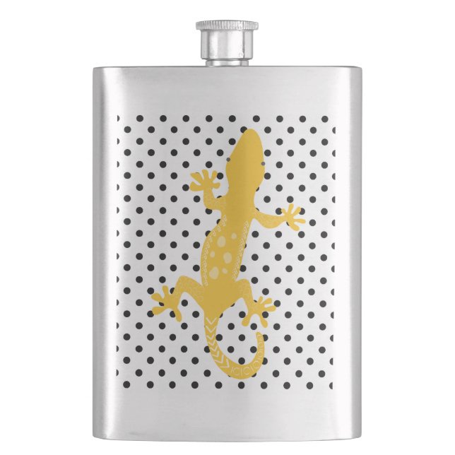 Gold Lizard Black White Polka Dotted Flask (Front)
