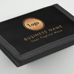 Gold Logo & Custom Text Business Company Branded   Trifold Wallet<br><div class="desc">Showcase your business branding with this custom trifold wallet featuring your gold logo and personalised text. Sleek and professional,  it's perfect for company staff,  corporate gifts,  or employee use. Add your round logo for a bold gold and black design that combines style with function for any business occasion.</div>