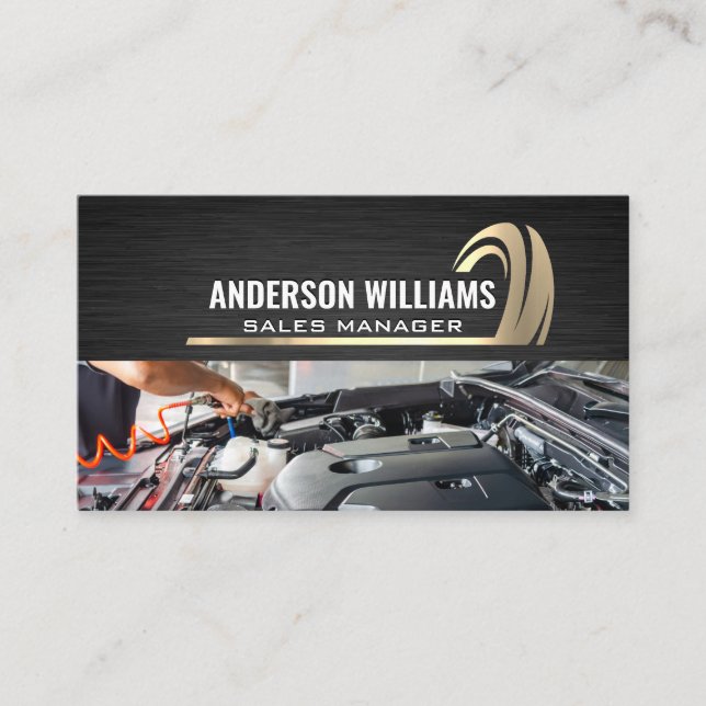 Gold Logo | Dark Metal Texture | Engine Work Business Card (Front)