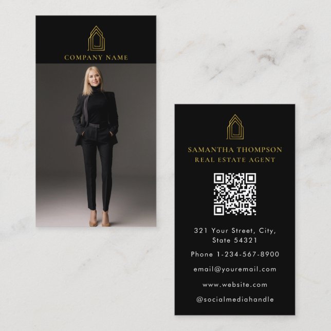 Gold Logo Professional Photo Real Estate Agent Business Card (Front/Back)