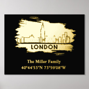 gold London skyline longitude latitude  Foil Prints