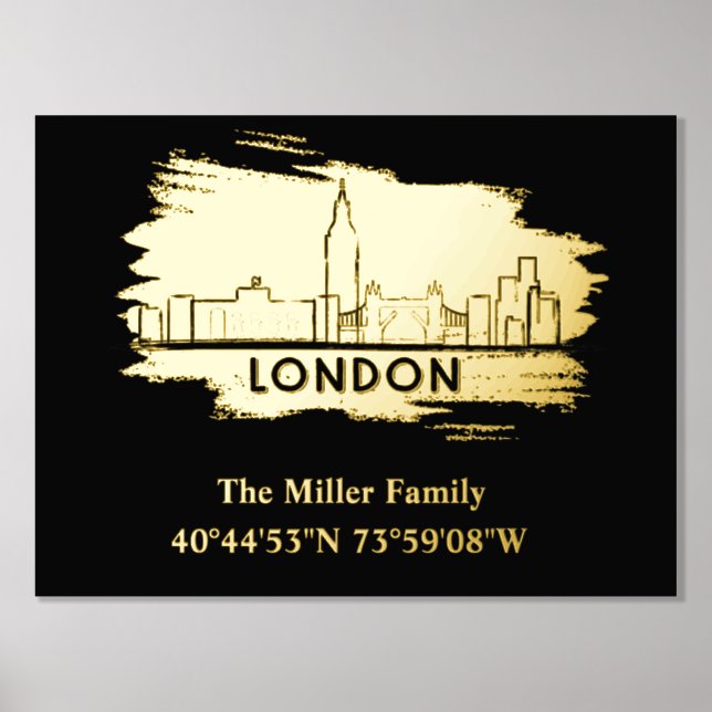 gold London skyline longitude latitude  Foil Prints (Front)