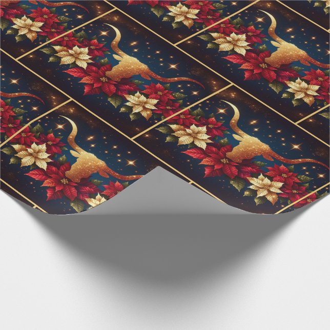 Gold Longhorn Steer With Poinsettias Christmas Wrapping Paper (Corner)
