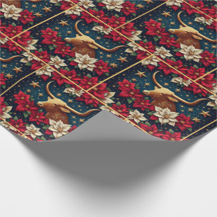 Gold Longhorn Steer With Poinsettias Christmas Wrapping Paper