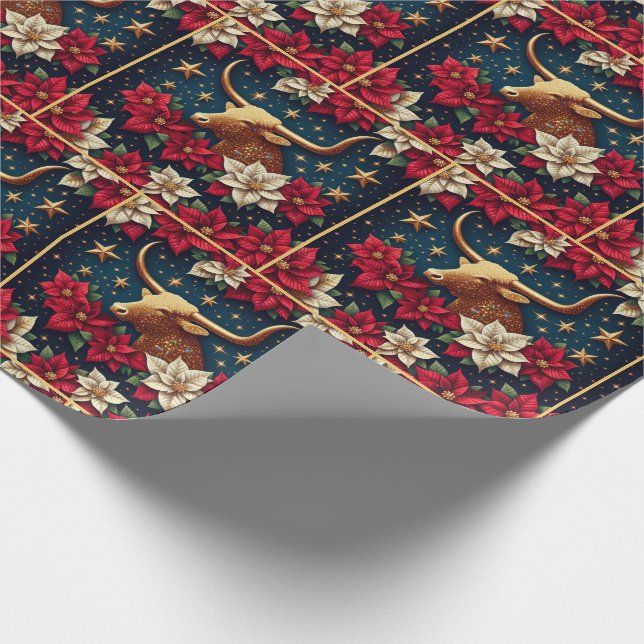 Gold Longhorn Steer With Poinsettias Christmas Wrapping Paper (Corner)