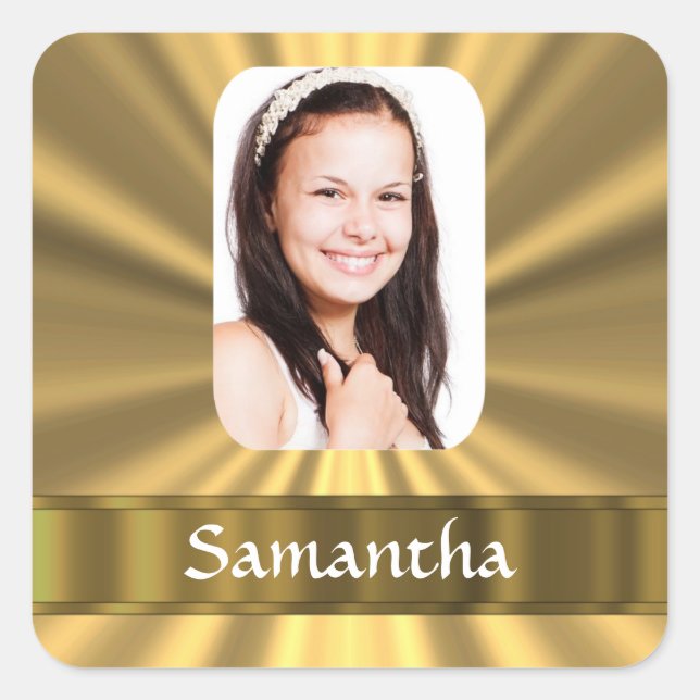Gold look personalised photo square sticker (Front)
