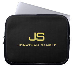 Gold Look Text Monogram Initial Black Template Laptop Sleeve