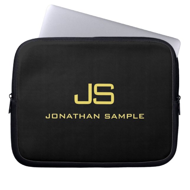 Gold Look Text Monogram Initial Black Template Laptop Sleeve (Front)