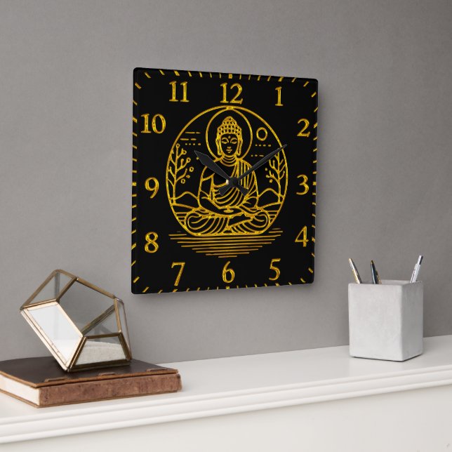 Gold Looking Buddha Seated in Serene Meditation Square Wall Clock (Office)