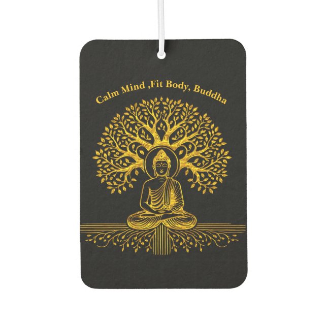 Gold Looking Buddha Surrounded by Intricate Leaves Car Air Freshener (Front)