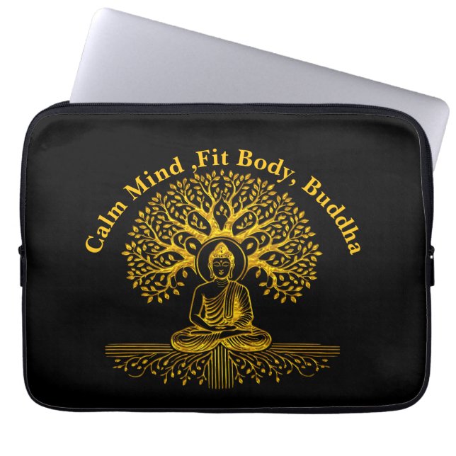 Gold Looking Buddha Surrounded by Intricate Leaves Laptop Sleeve (Front)