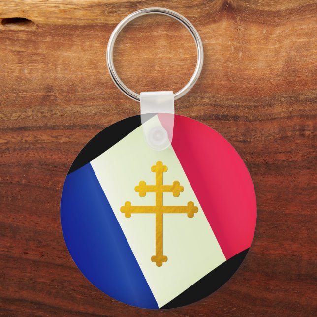 Gold Lorraine Cross & French Flag / France Key Ring (Front)