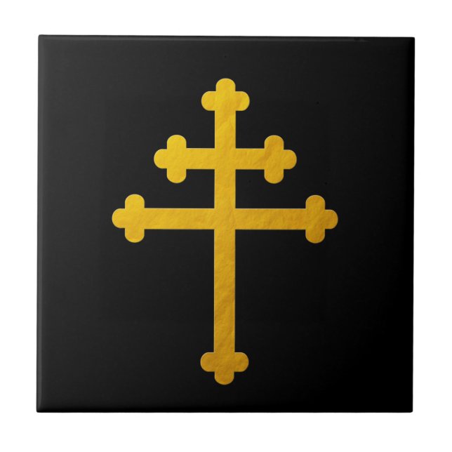 Gold Lorraine Cross on Black / Christian Ceramic Tile (Front)