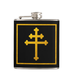 Gold Lorraine Cross on Black / Christian Church Hip Flask