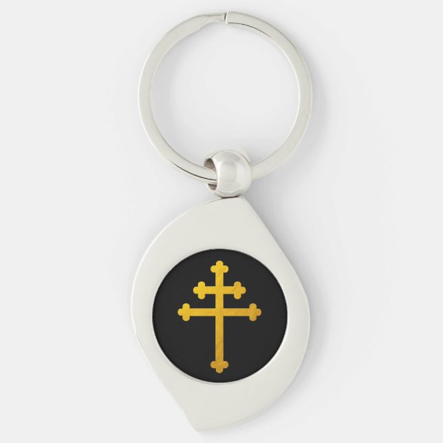 Gold Lorraine Cross on Black / Christian fashion Key Ring (Front)