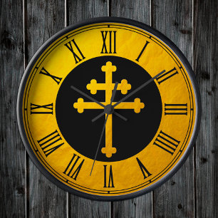 Gold Lorraine Cross on Black / Christian Golden Round Clock