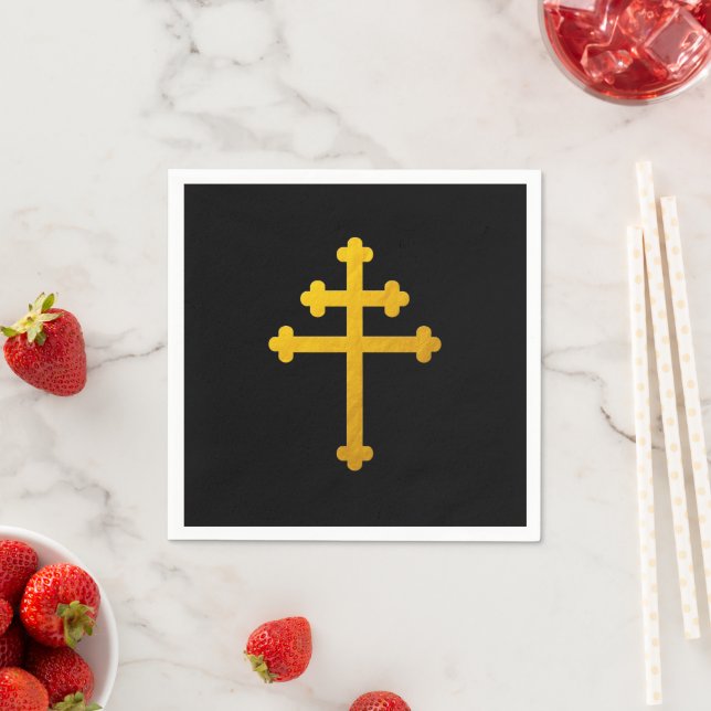 Gold Lorraine Cross on Black / Christian  Napkin (Insitu)