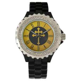 Gold Lorraine Cross on Black / golden Christian Watch