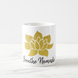 *~*  Gold Lotus Breathe Namaste Golden Lotus White Coffee Mug