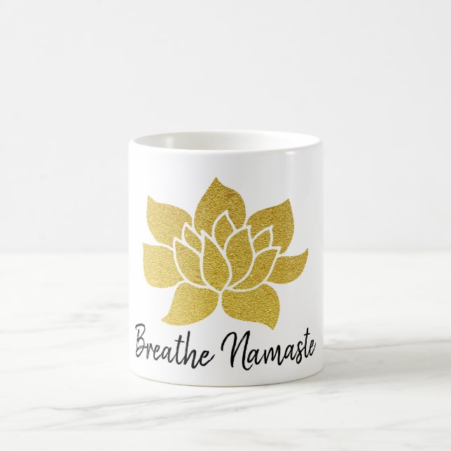 *~*  Gold Lotus Breathe Namaste Golden Lotus White Coffee Mug (Center)