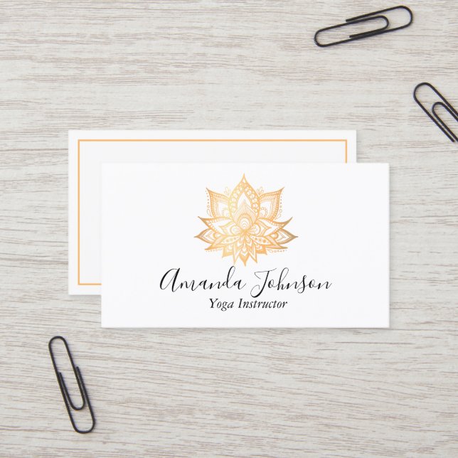 Gold Lotus Flower Boho Yoga Teacher Holistic Business Card (Front/Back In Situ)