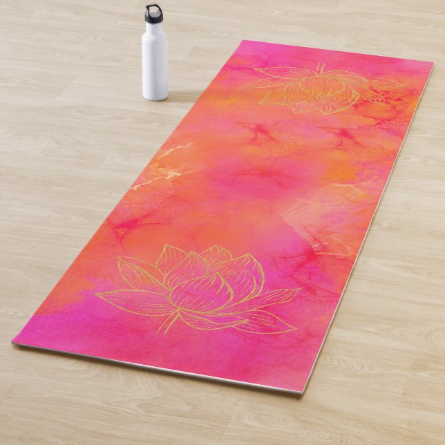 Gold Lotus Flower Illustration Pink Ink Art Yoga Mat (In Situ)