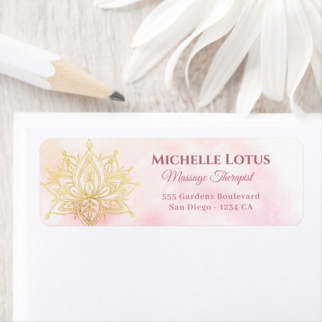 Gold Lotus Flower Rose White Return Address Label (Insitu)