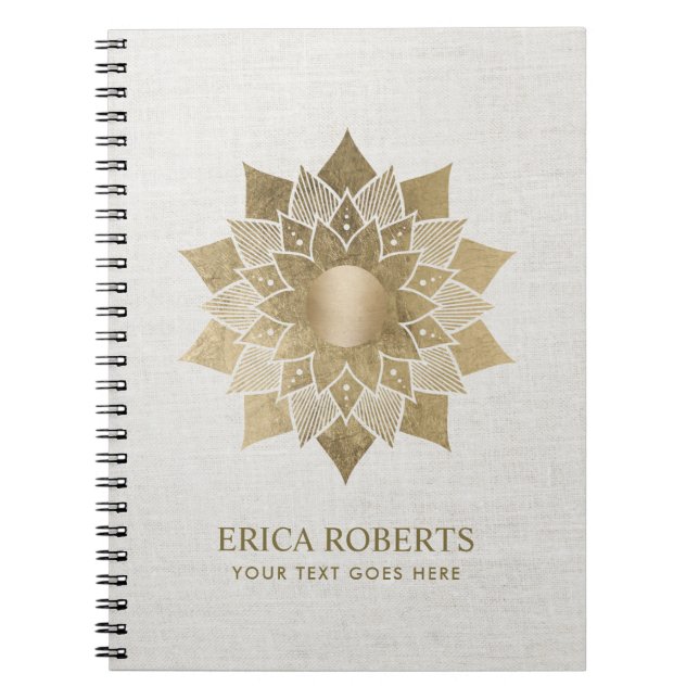 Gold Lotus Flower Yoga Teacher Classy Linen Notebook (Front)