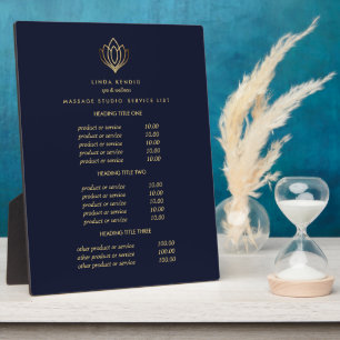 Gold Lotus logo blue spa massage pricing Plaque