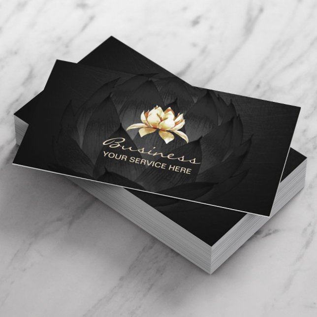 Gold Lotus Logo Elegant Black Floral Business Card (Creator Uploaded)